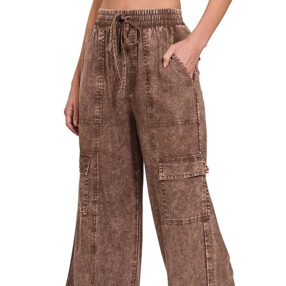 Zenana Outfitters Pants - Zenana Washed Linen Elastic Band Waist Cargo‎ Pants